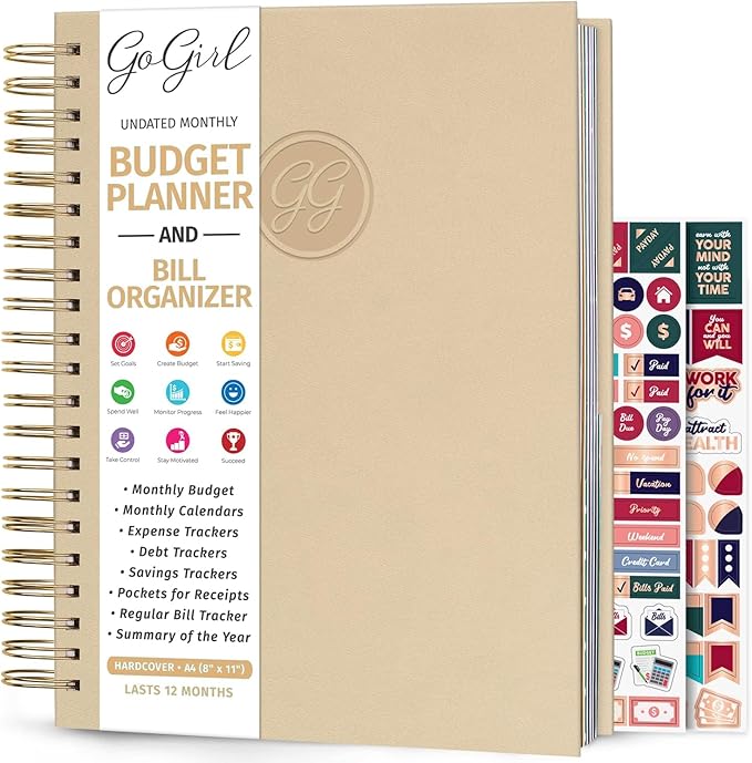 GoGirl Budget Planner & Monthly Bill Organizer – Monthly Financial Book with Pockets. Expense Tracker Notebook Journal, Large (Seashell)