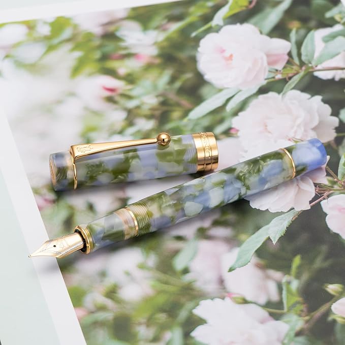 Jinhao 100 Fountain Pen Celluloid Classic Style, #6 Nib Smooth Writing Instrument with Refillable Converter and Pen Case Set