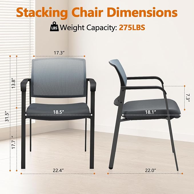 CLATINA Mesh Back Stacking Arm Chairs with Upholstered Fabric Seat and Ergonomic Lumber Support for Office School Church Guest Reception Grey