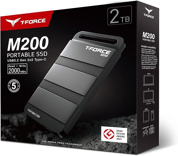 TEAMGROUP T-Force M200 Portable External SSD 2TB USB3.2 Gen2x2 Type-C Read/Write 2000MB/s Compatible with PS5 & Xbox & Chrome OS T8FED9002T0C102