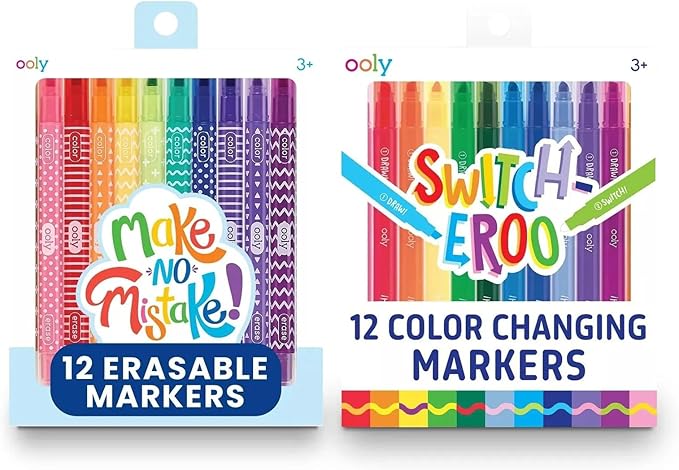 Ooly Switch-eroo Color Changing and Make No Mistakes Erasable 24 Dual Tip Markers, 12 Color Change Markers Erasable for Kids Back to School Supplies, Chisel Tip