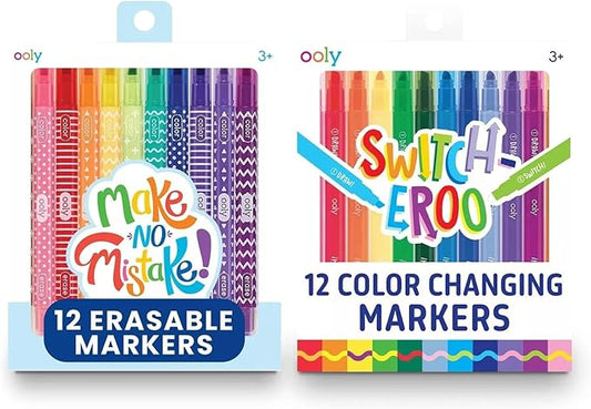 Ooly Switch-eroo Color Changing and Make No Mistakes Erasable 24 Dual Tip Markers, 12 Color Change Markers Erasable for Kids Back to School Supplies, Chisel Tip
