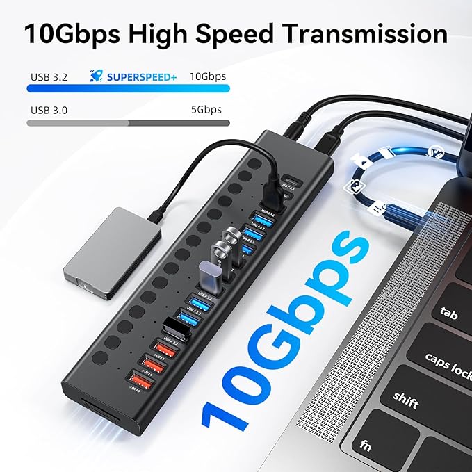 Powered USB Hub 10Gbps, 17 Ports 96W USB 3.2 Hub(10 USB-A 3.2 Ports+3 QC 24W Fast Charging Ports+2 USB-C 3.2 Ports+SD/TF Card Reader), 12V/8A Power Adapter for Laptop, PC, Computer, HDD,Flash Drive