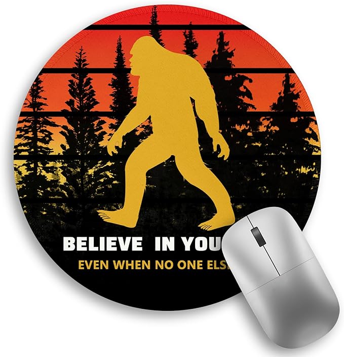 Sasquatch Bigfoot Funny Mouse Pad, Small Round Mouse Pads for Desk, Mini Travel Retro Vintage Motivational Mousepad for Work Wireless Computer Laptop, Office Desk Accessories, Believe in Yourself