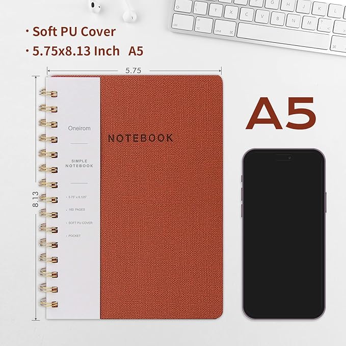 Spiral Notebook-5.75" x 8.125" Journal with Back Pockets and 160 Lined Pages,PU Leather Cover Business Journal, Twin-Wire Binding Notebook Perfect for Office & Home School Supplies