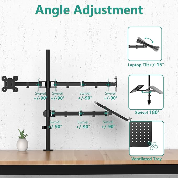 WALI Dual Monitor Stand, Laptop and Monitor Stand for 2 Screen 1 Laptop Notebook, Extra Tall Desk Mount for Monitor up to 27 inch, Notebook up to 17 inch (M002XLLP), Black