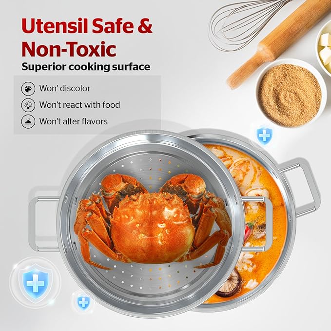 SUNHOUSE 2-Tier Stainless Steel Steamer Pot with Lid - Larger 5.5 QT Steamer & 3.8 QT Stockpot Base - Induction Ready, Compatible with All Cooktops - Multipurpose for Vegetables & Dumplings