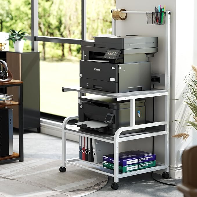 Homieasy Printer Stand with Charging Station, 29.1" x 22.8" Large 3D Printer Table with Filament Storage, Heavy Duty Rolling Printer Cart with 4-Tier Storage for Workshop/Office/Garage, Light Grey