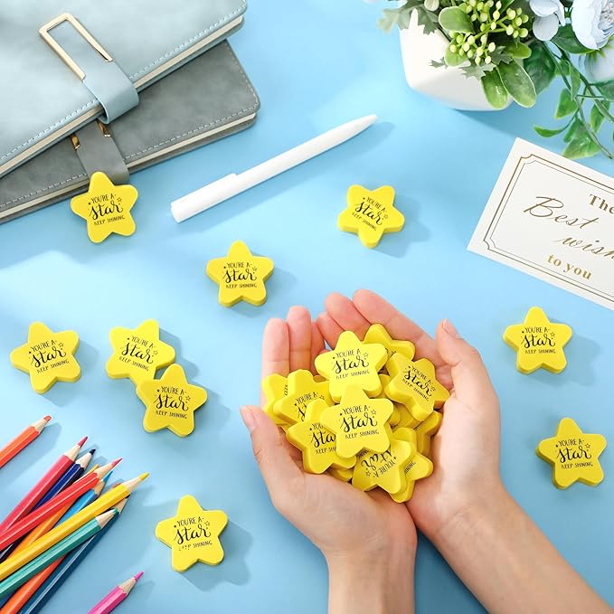 Spakon 100 Pcs Inspirational Star Erasers for Kids Bulk Cute Back to School Erasers 1.57" Fun Eraser for Classroom Prize You're A Star Yellow Motivational Gift for School Student Rewards