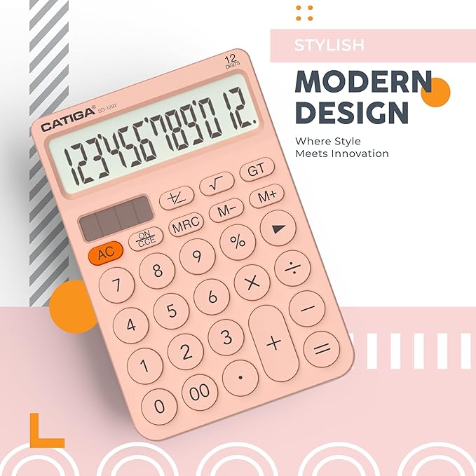 CATIGA 12 Digit Desktop Calculator Basic Desk Calculator with Large LCD Display, Big Buttons, 4 Function, Solar and Battery Dual Power, for Office, School, Home, SD-1292 Pink