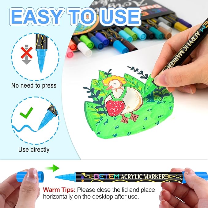 Betem Acrylic Paint Markers, Dual Tip 24 Colors Acrylic Paint Pens with Brush Tip and Fine Point, Art Supplies for Rock, Wood, Canvas, Stone, Glass, Ceramic, Rock Painting DIY Crafts Making Drawing