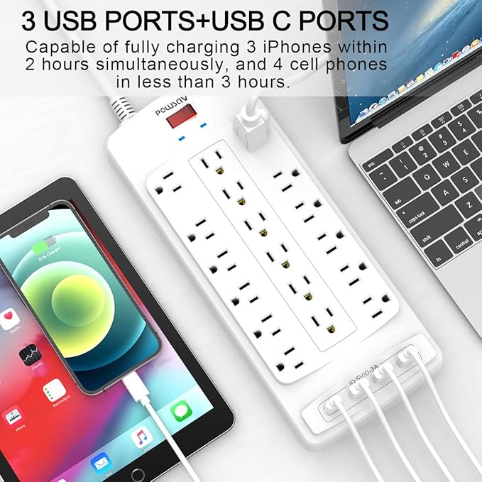 18 Outlets Surge Protector Power Strip - 6 Feet Flat Plug Heavy Duty Extension Cord with 18 Widely Outlets and 4 USB Ports, 2100 Joules, White, ETL Listed