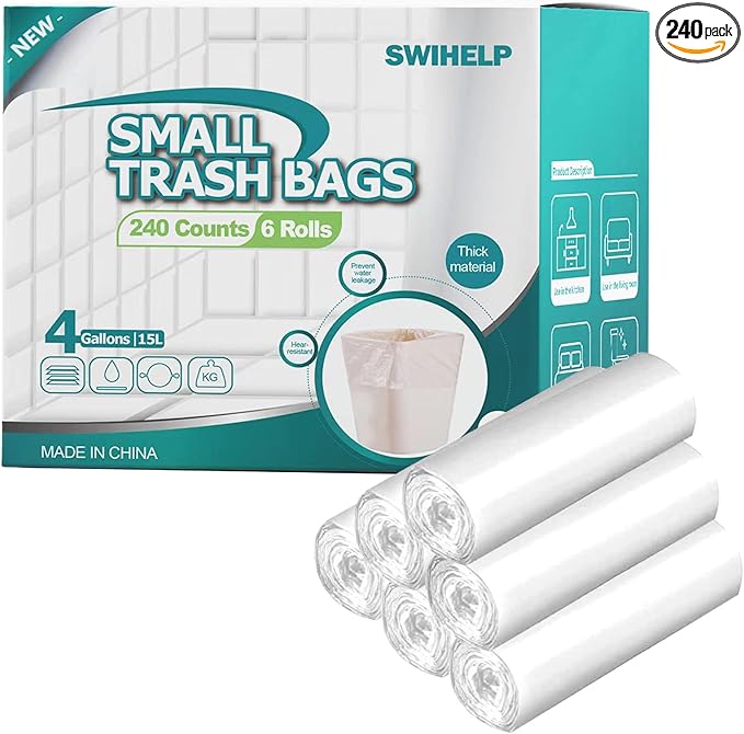SWIHELP Trash Bags, 4 Gallon / 15 Liters Small Garbage Bags for Office, Kitchen,Bedroom Waste Bin,Colorful Portable Strong Rubbish Bags,Wastebasket Bags 240 Counts