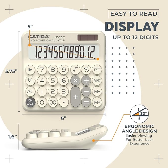 CATIGA Mechanical Switch Calculator with Solar and Battery Dual Power, 12-Digit Large LCD Display, Aesthetic and Cute Desktop Calculator with Big Button, for Home, School and Office Use, SD-1299