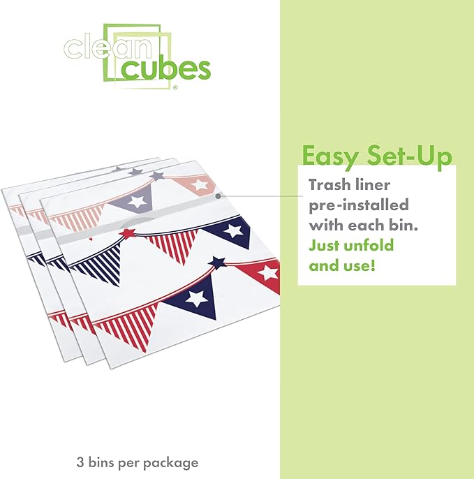 | 13 Gallon Disposable Trash Cans (3-Pack) with Fitted Trash Bags - Reusable Garbage and Recycling Bins for Parties, Events, and More (USA Flag - 17" Height x 13.5" Width x 10" Depth)