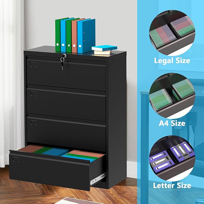52inch High 4 Drawer Metal Lateral Filing Cabinet - File Cabinets, Lockable Storage, Organizes Hanging Files (Letter/Legal/F4/A4 Size), Requires Assembly