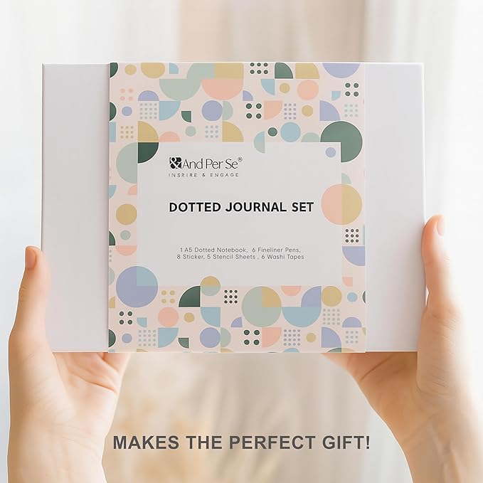 &And Per Se Dotted Journal Notebook Set, A5 Hardcover Dotted Journal (Pink), 6 Fineliner Pens, 8 Sticker, 5 Stencil Sheets & 6 Washi Tapes, Journaling Supplies for Planner Schedule