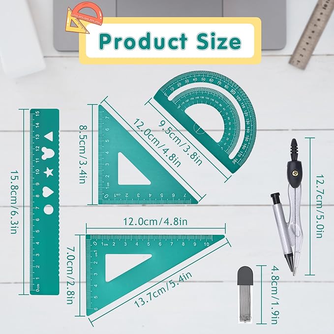 6 Pcs Metal Geometry Set, Math Geometry Kit, Metal Ruler Set and Compass Geometry Tool, Rulers Protractor and Compass Set for Student School and Drawings Supplies (Green)