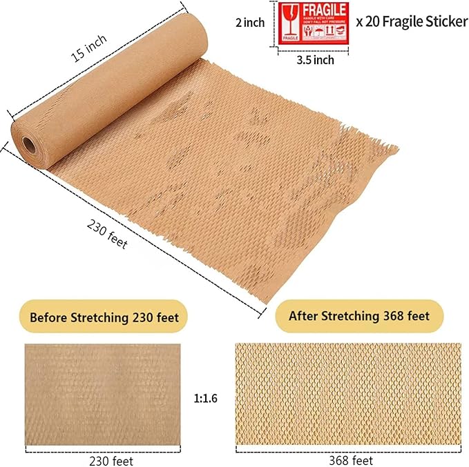Honeycomb Packing Paper, 15"x230' Honeycomb Cushioning Bubble Wrap Paper Roll for Moving Shipping Breakables Packaging Gifts with 20 Fragile Sticker Biodegradable & Fully Recyclable Brown Kraft