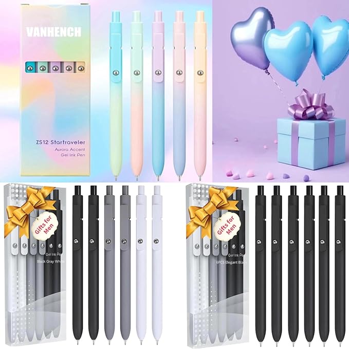 6Pcs Gel Pens, 0.5MM Black Gel Ink Pen Fine Point Smooth Writing Pens, College Essentials Pens, Father's Day Birthday Gifts for Men (6PCS Black Gray White)