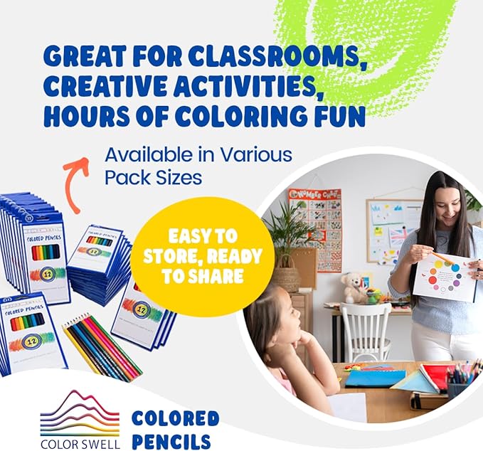 Color Swell Bulk Colored Pencils – 12 Sets, 144 Pre-Sharpened Assorted Vibrant Colors – Ideal for Kids, Teachers, and Classroom Supplies