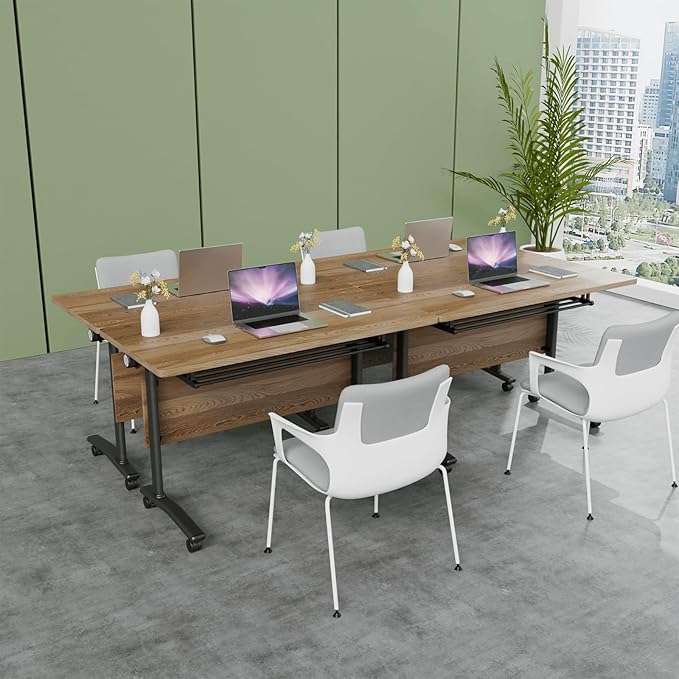 Folding Conference Table, Modern Conference Room Tables with Flip-Top Design, Foldable Conference Table Meeting Table with Wheels, Mobile Seminar Training Tables for Office Classroom (2, Walnut 2)