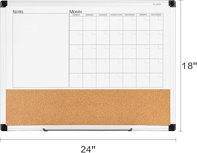 VUSIGN Monthly Calendar Whiteboard Dry Erase Cork Board Combo, 18" x 24" Planning Board, Silver Aluminium Frame