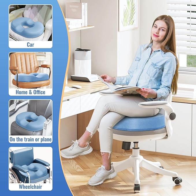 CloudBliss Donut Pillow Seat Cushion Chair Pad for Tailbone Pain Relief and Hemorrhoids, Memory Foam Seat Chair Cushion for Men and Women for Home & Office, (Light Blue)