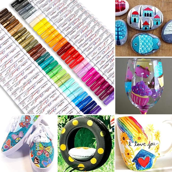 Paint Marker Pens - 24 Color Permanent Oil Based Markers, Medium Tip, Quick Dry and Waterproof Assorted Color Paint Pens for Metal, Wood, Plastic, Stone, Mugs, Canvas, Glass, Art Craft
