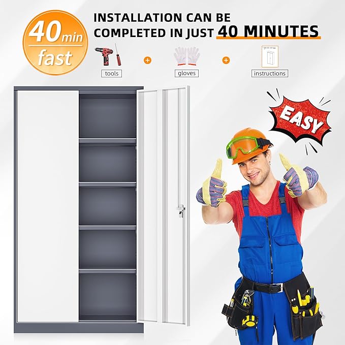 INTERGREAT Storage Cabinets with Doors and Shelves, 72“ Steel Tool Locking Cabinet, Metal Storage Cabinet for Home Office, Warehouse, School, Grey White