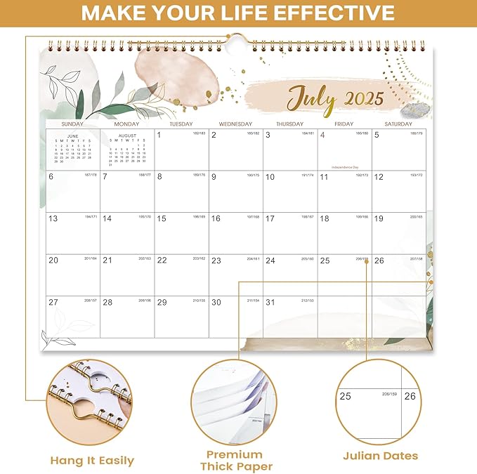Wall Calendar 2025-2026 – Calendar 2025-2026, 11.5 x 15 In, July 2025 - December 2026, 18 Monthly Calendar, Large Block with Julian Dates, Thick Paper, Holidays, Hanging Hook, Twin-wire Binding
