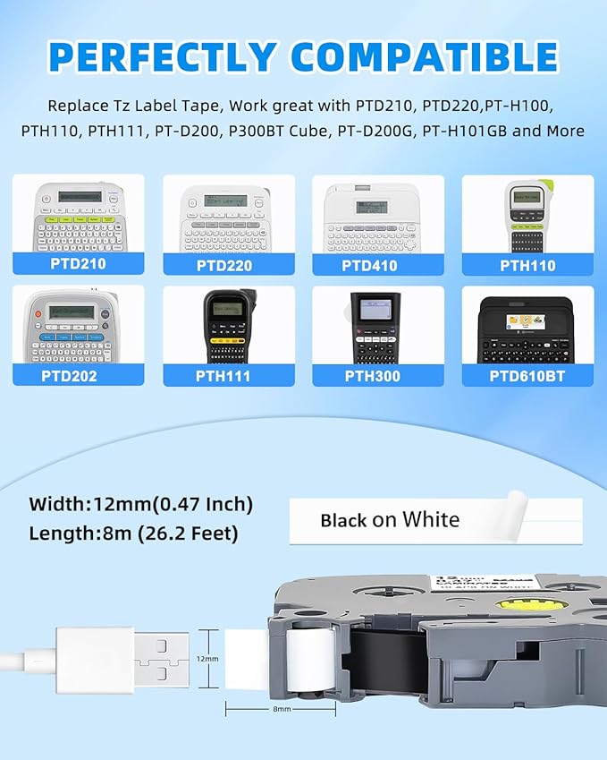 15-Pack 12mm 0.47 Inch Laminated White TZe Tz Tape Replace for Brother Label Maker Tape TZe-231 Compatible with P Touch Label Maker PT-D210 PT-D220 PT-D200 PT-H100 PT-D400 PT-D600