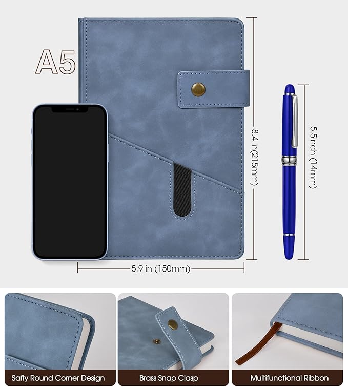 A5 Lined Leather Journal Notebook,Hardcover Journal Set with Pen and Gift Box,100Pages 100gsm Thick Ruled Paper Daily Diary for Men Women School,Travel,Business,Work,Writing 5.9" X 8.4"