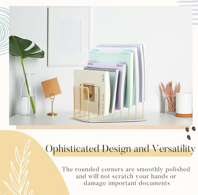2 Pcs 7 Slot Incline File Sorter Metal Wire Mesh File Racks for Desktop Letter Sorter for Magazine Folder Book Organizer Home Office School Paper Mail Desk Storage Holder(Golden)