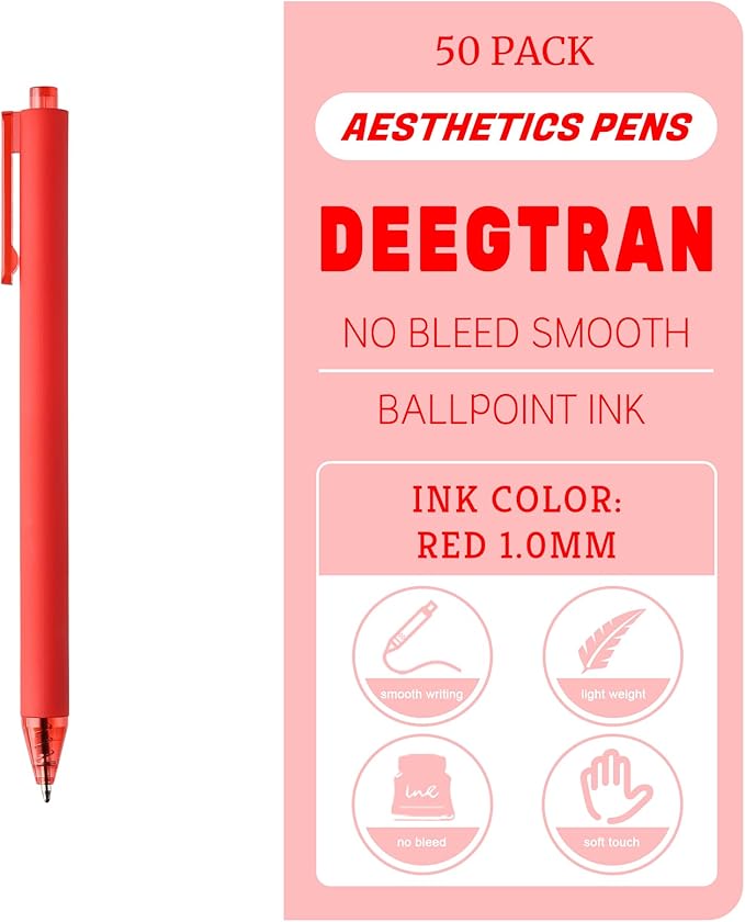 deegtran Pens Bulk, 50 Pack Smooth Red Ink Ballpoint Pens, Wholesale Retractable Pens, No Bleed Click Pen Medium Point, 1.0MM