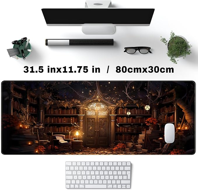 Vintage Desk Pad Magical Bookshelf Desk Mat Extra Large Big Office Mouse Pad Gaming with Stitched Edges Large Mousepad Home Office Gaming Work Computers Laptop Desk Accessories 31.5x11.8in