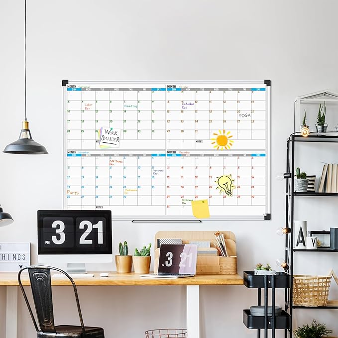 XBoard Magnetic Calendar Whiteboard 48" x 36" - 4 Month Colorful Calendar Dry Erase Board for Monthly Planning, Silver Aluminium Framed