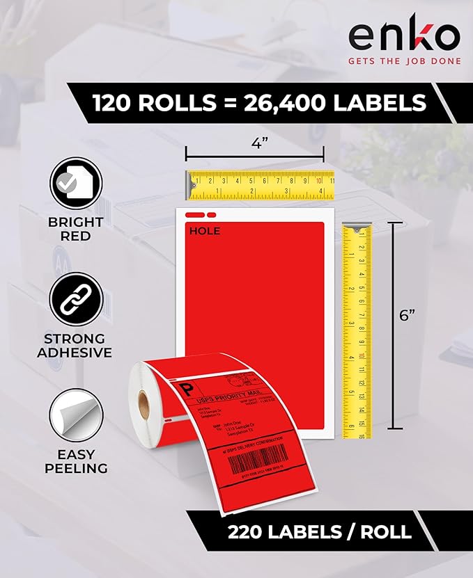 enKo Compatible Red Zebra 4x6 Label/Dymo Labels 1744907 (4 x 6) for Dymo Labelwriter 4XL Shipping Zebra Direct Thermal Printer (6 Rolls, 1320 Labels)