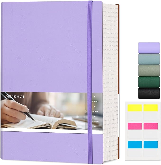 EMSHOI A4 College Ruled Notebook Journal- 400 Pages (200 sheets), 7mm Spacing & Vegan Leather Cover for Work, School, Bible Study, Bullet Journaling- with Sticky Notes, Pocket & Pen Holder- Purple