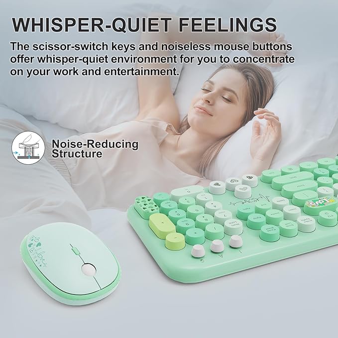 FOPETT Wireless Keyboard and Mouse Combo - 2.4G Full-Sized Cute Colorful Retro Keyboard with Round Keycaps 104 Keys Typewriter Keyboard for Laptop/Windows/PC-Green Colorful