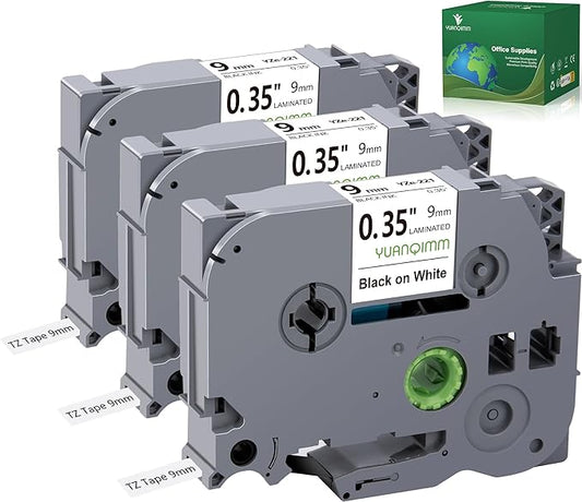 TZe-221 9mm Laminated White TZ Tape Compatible with Brother TZe221 TZ221 TZ-221 Replacement for Brother PTouch 9mm 0.35 Label Tape for PTH100 H110 D400AD D210 1290 Printers, 3-Pack