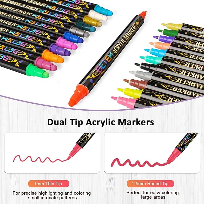 Betem 12 Colors Dual Tip Acrylic Paint Pens Markers, Premium Acrylic Paint Pens for Wood, Canvas, Stone, Rock Painting, Glass, Ceramic Surfaces, DIY Crafts Making Art Supplies