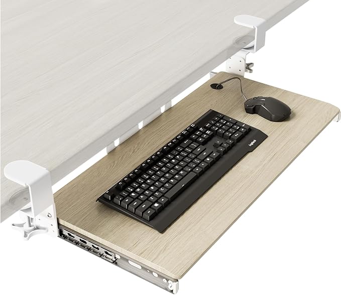 Keyboard Tray Under Desk Pull Out with Extra Sturdy C Clamp Mount System, 27.3 (32.5 inch Including Clamps) x 11 Inch Slide-Out Platform Computer Drawer for Typing Grain AX01WG01