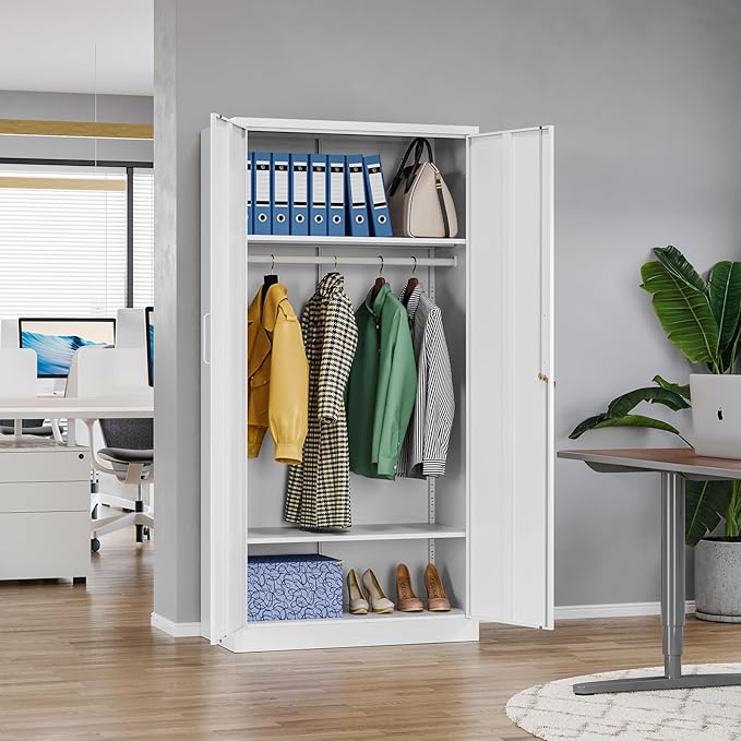 MIIIKO Metal Clothing Storage Locker, Steel Wardrobe Cabinets with Shelves and Hanging Rod, 72" Large Storage Locker Closet for Garments, Sports Equipment and Shoes