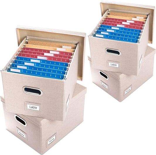 PRANDOM File Organizer Box - Set of 4 Collapsible Decorative Linen Filing Storage Hanging File Folders with Lids Office Cabinet Letter/Legal Size Light Grey (17x14x11.2 inch)
