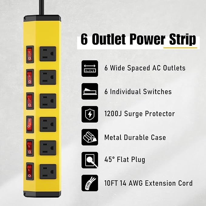 ANNQUAN 6 Outlet Metal Power Strip with 6 Individual Switches,Heavy Duty Power Strip 1200J 15A 10FT Cord Home Office Industrial Commercial Shop