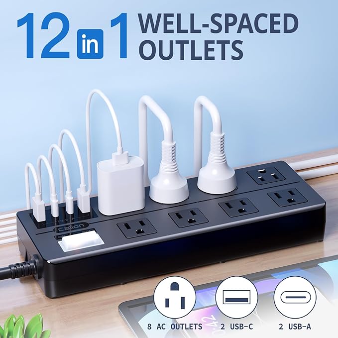 Outdoor Power Strip Weatherproof,Waterproof Surge Protector with 8 Wide Outlets,4 USB Charger,15 FT Extension Cord,16AWG,1875W/15Amps,Multi Outlet Extender for Office Patio Garden Christmas Lights