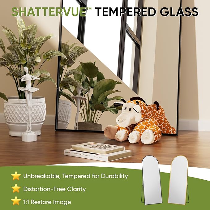 Full-Length Floor Mirror with Stand, 71"x32" Arched Style Full Body Standing Mirror for Bedroom, Living Room, Gym, Dorm - Shatter-Resistant & Easy Assembly, Black