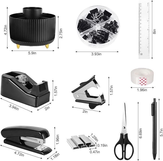 Black Desk Organizers and Accessories 10Pcs Set with 360-Degree Rotating Pen Holder, Tape Dispenser, Stapler, Staple Remover, 1000 Staples, Tape, Clips Set, Ruler, Scissor, Pen (Black)