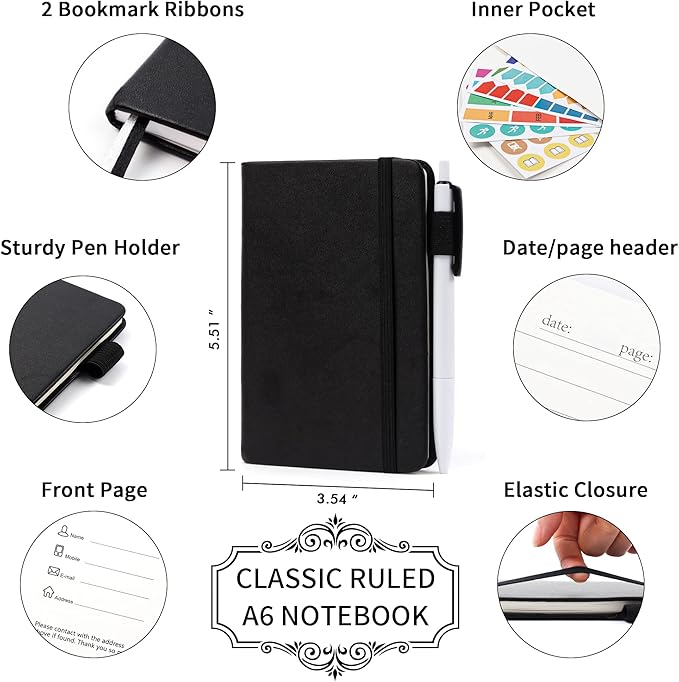 feela 15 Pack Pocket Small Notebooks Bulk, Mini Cute Notepads Hardcover College Ruled Lined Journals with Pen Holder for School Business Memos, with 15 Black Pens, 3.5”x 5.5”, A6, Black